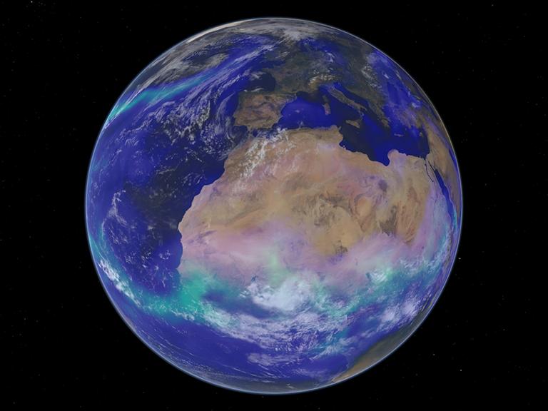 Darstellung der unterschiedlichen Wassermengen in der Atmosphäre über dem afrikanischen Kontinent.  © Evans & Sutherland / Digistarprogrammierung: Stiftung Planetarium Berlin